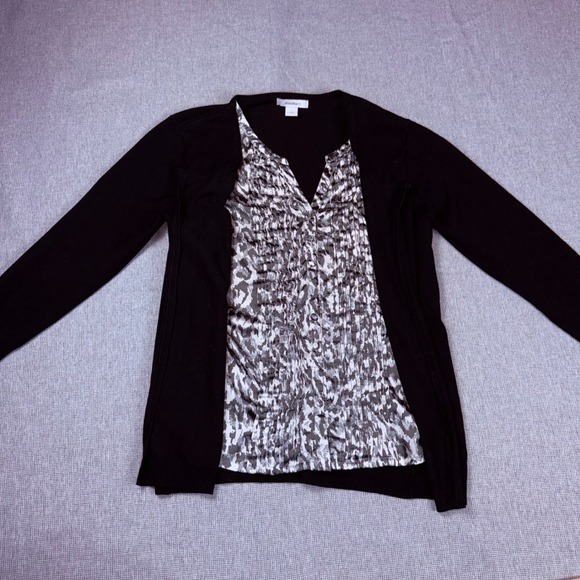 dressbarn Sweaters - Dressbarn Womens Small Black 2-in-1 Cardigan Animal Print Blouse Layered Sweater